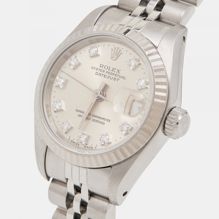 Pre Owned Rolex Silver 18K White Gold Stainless Steel Diamond Datejust 69174 Women's Wristwatch 26 mm