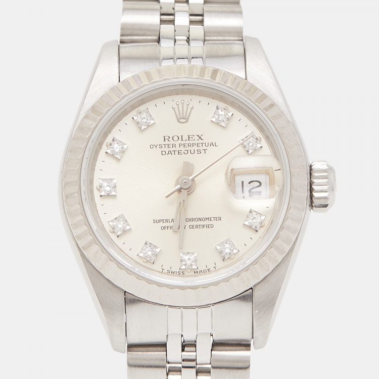 Pre Owned Rolex Silver 18K White Gold Stainless Steel Diamond Datejust 69174 Women's Wristwatch 26 mm
