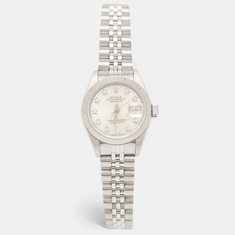 Pre Owned Rolex Silver 18K White Gold Stainless Steel Diamond Datejust 69174 Women's Wristwatch 26 mm