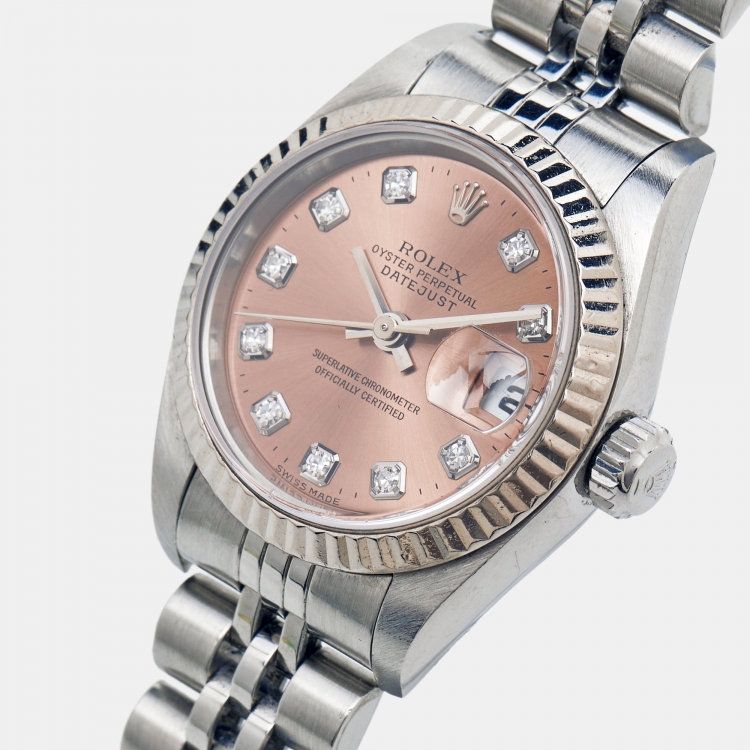 Pre Owned Rolex Pink Diamonds 18K White Gold Stainless Steel Datejust 79174 Women's Wristwatch 26 mm