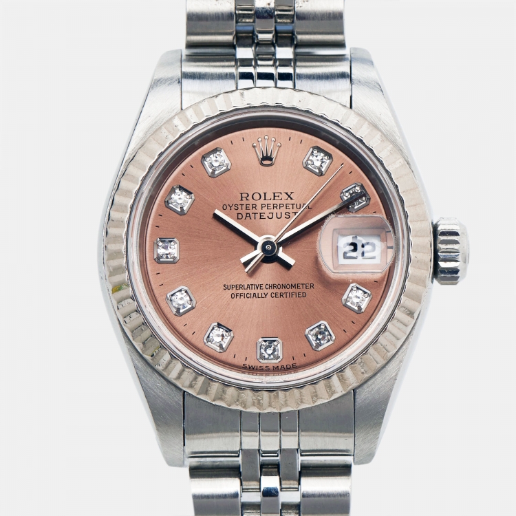 Pre Owned Rolex Pink Diamonds 18K White Gold Stainless Steel Datejust 79174 Women's Wristwatch 26 mm