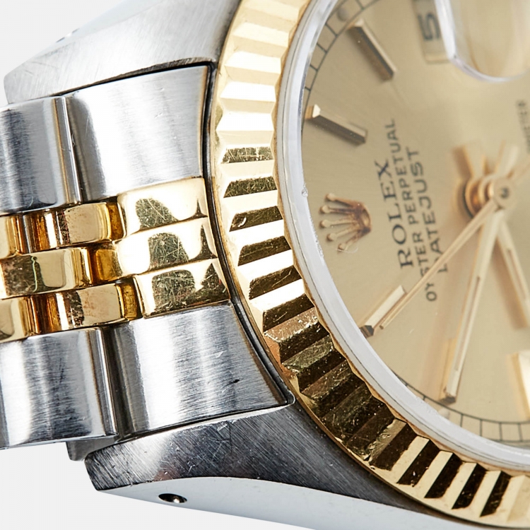 مملوكة مسبقًا Rolex Champagne 18k Yellow Gold Stainless Steel Datejust 69173 Women's Wristwatch 26 mm