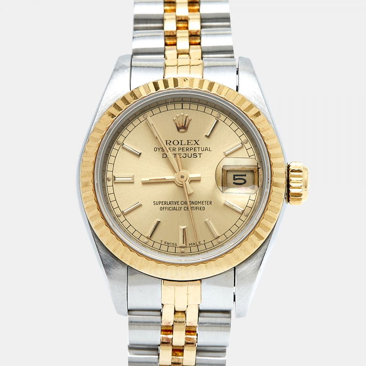 مملوكة مسبقًا Rolex Champagne 18k Yellow Gold Stainless Steel Datejust 69173 Women's Wristwatch 26 mm