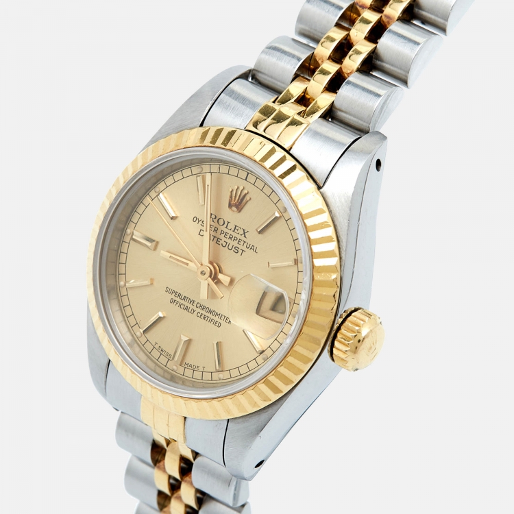 مملوكة مسبقًا Rolex Champagne 18k Yellow Gold Stainless Steel Datejust 69173 Women's Wristwatch 26 mm