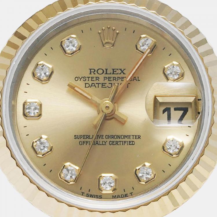 مملوكة مسبقًا Rolex Champagne Diamond 18k Yellow Gold Stainless Steel Datejust Automatic Women's Wristwatch 26 mm