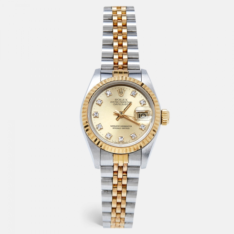 Pre Owned Rolex Champagne Diamond 18K Yellow Gold Stainless Steel Datejust 69173 Women's Wristwatch 26 mm
