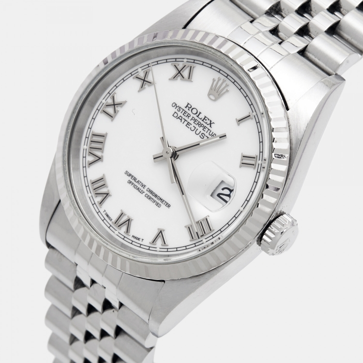 Pre Owned Rolex White 18K White Gold Stainless Steel Datejust 16234 Men's Wristwatch 36 mm