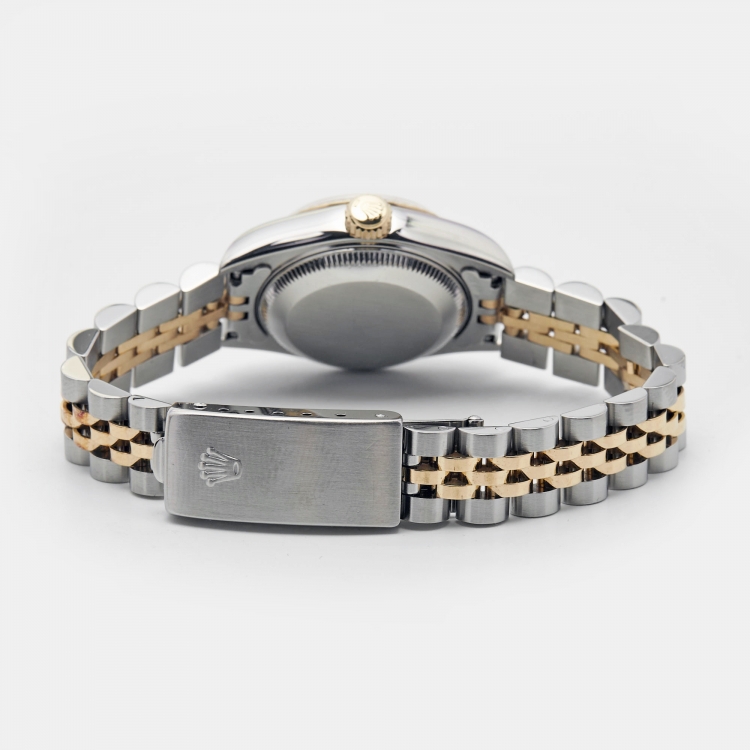 مملوكة مسبقًا Rolex White Diamond 18k Yellow Gold Stainless Steel Datejust 69173 Women's Wristwatch 26 mm