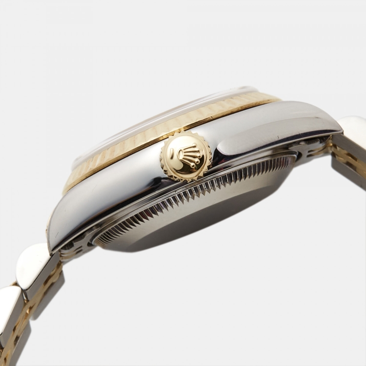 مملوكة مسبقًا Rolex White Diamond 18k Yellow Gold Stainless Steel Datejust 69173 Women's Wristwatch 26 mm