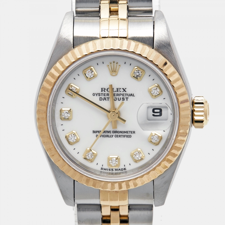 مملوكة مسبقًا Rolex White Diamond 18k Yellow Gold Stainless Steel Datejust 69173 Women's Wristwatch 26 mm