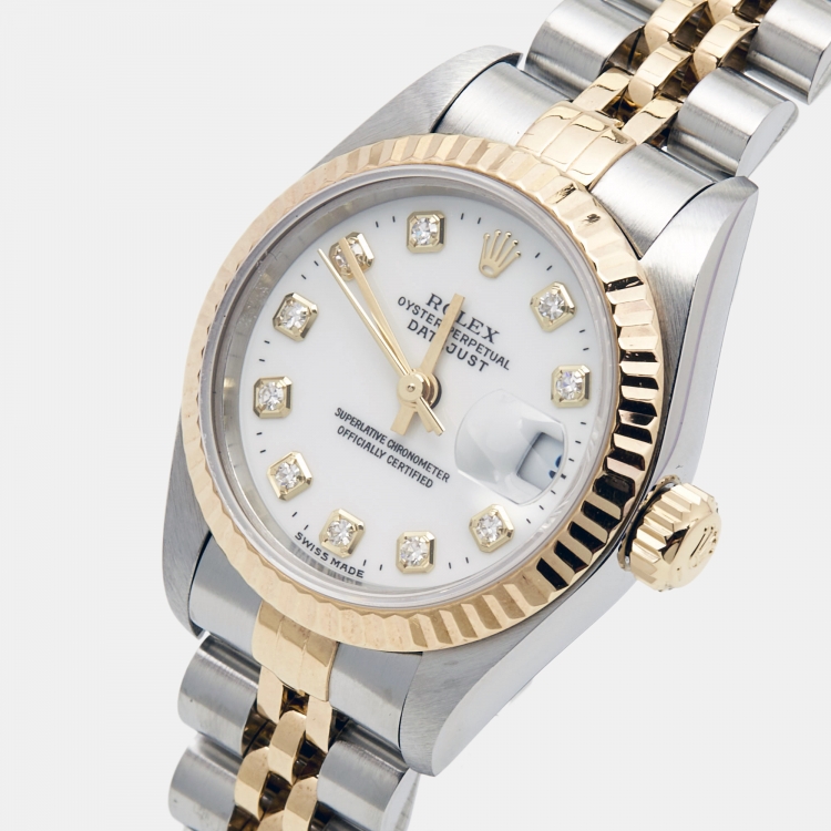 مملوكة مسبقًا Rolex White Diamond 18k Yellow Gold Stainless Steel Datejust 69173 Women's Wristwatch 26 mm