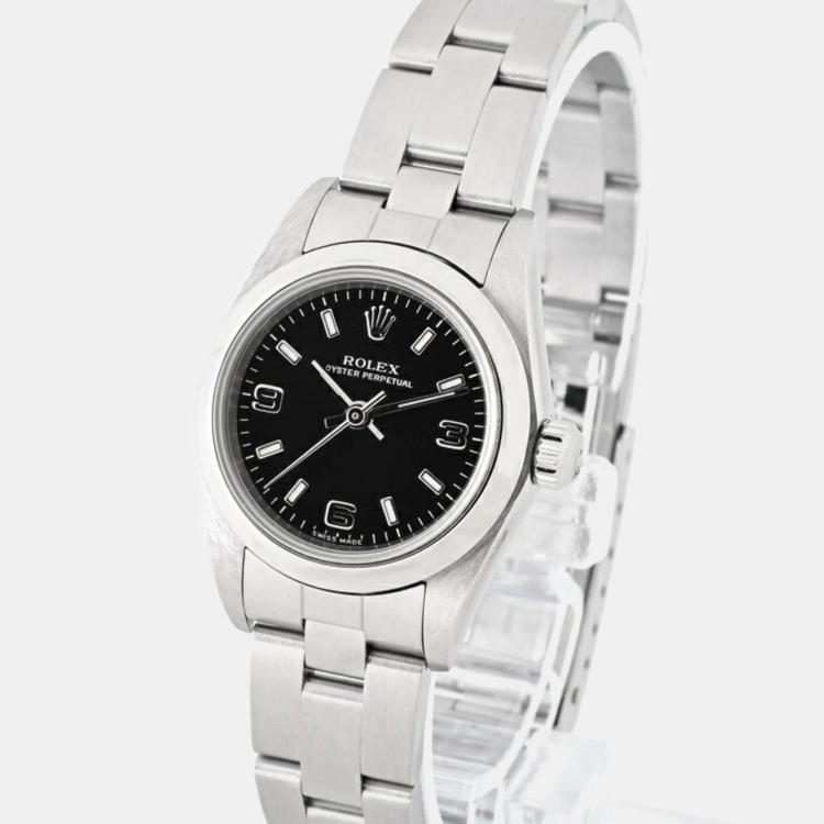 Pre Owned Rolex Black Stainless Steel Oyster Perpetual 76080 Automatic Women's Wristwatch 24 mm