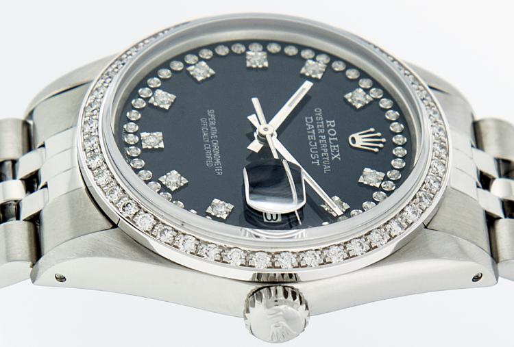 Pre Owned Rolex Black Diamonds and Stainless Steel Datejust Women's Wristwatch 36MM