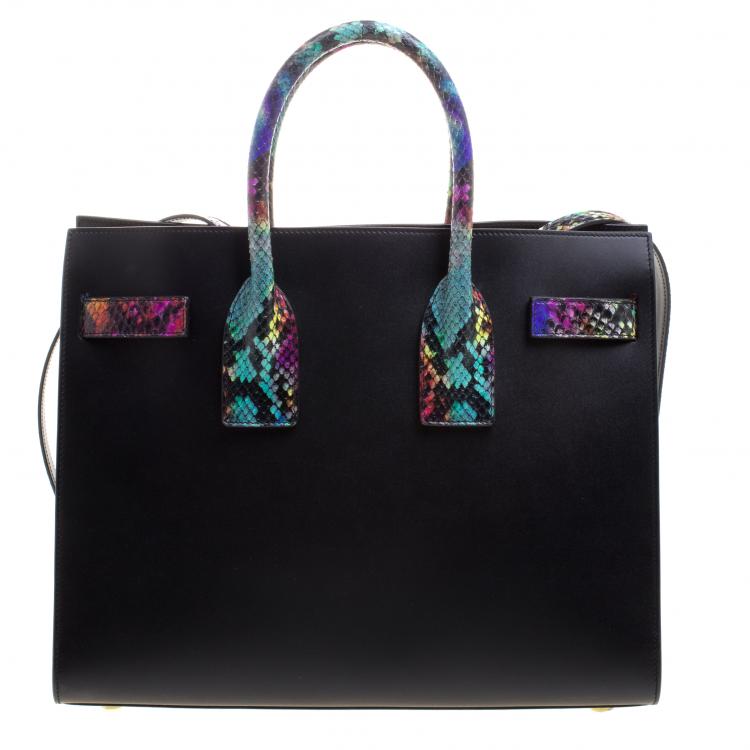 Pre Owned Saint Laurent Paris Black Leather and Python Small Classic Sac De Jour Tote