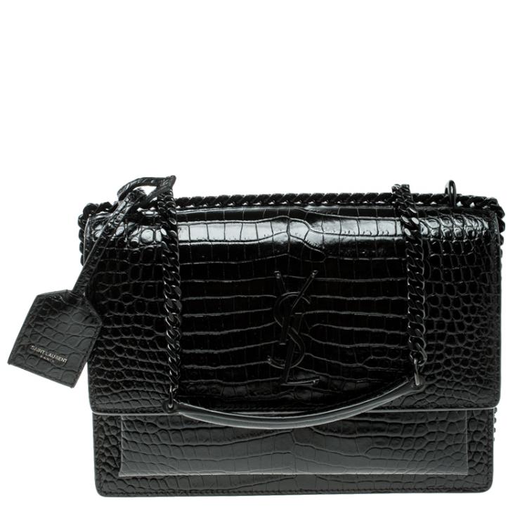 Pre Owned Saint Laurent Black Croc Embossed Leather Medium Sunset Shoulder Bag