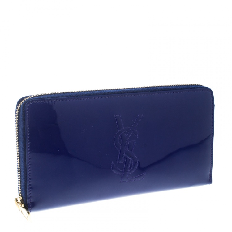 Pre Owned Saint Laurent Paris Blue Patent Leather Zip Around Wallet