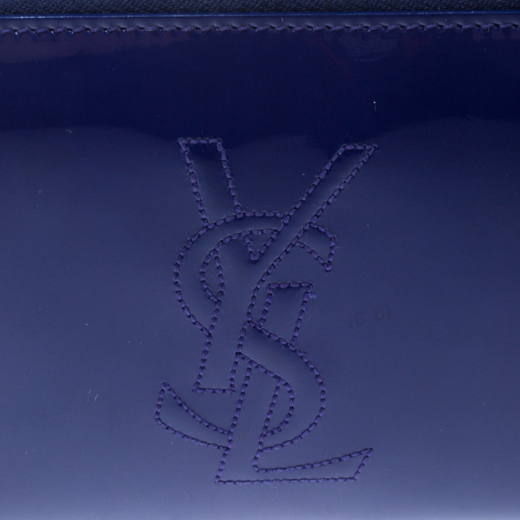 Pre Owned Saint Laurent Paris Blue Patent Leather Zip Around Wallet