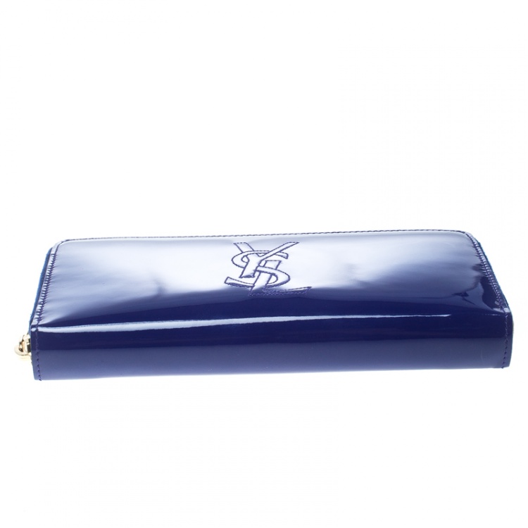 Pre Owned Saint Laurent Paris Blue Patent Leather Zip Around Wallet