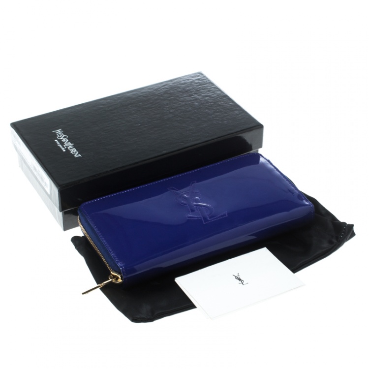 Pre Owned Saint Laurent Paris Blue Patent Leather Zip Around Wallet