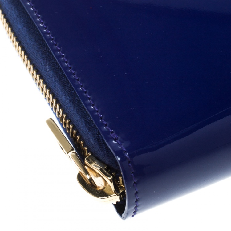 Pre Owned Saint Laurent Paris Blue Patent Leather Zip Around Wallet