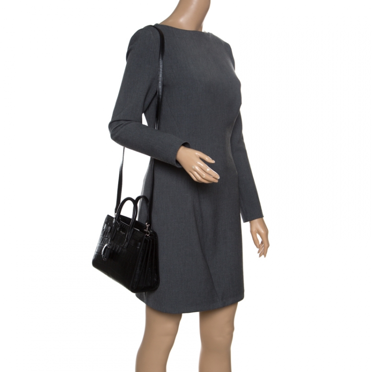 Pre Owned Saint Laurent Black Croc Embossed Leather Nano Classic Sac De Jour Tote