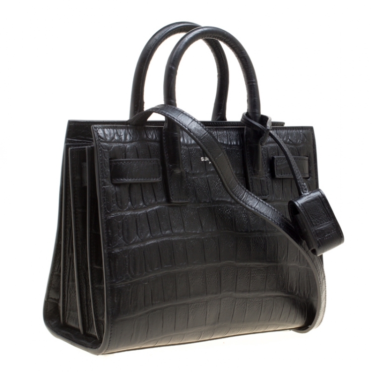Pre Owned Saint Laurent Black Croc Embossed Leather Nano Classic Sac De Jour Tote