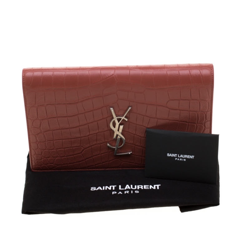 Pre Owned Saint Laurent Red Croc Embossed Leather Monogram Clutch 
