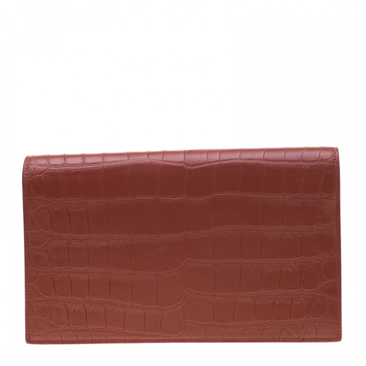 Pre Owned Saint Laurent Red Croc Embossed Leather Monogram Clutch 