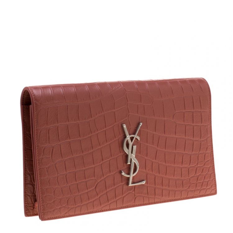 Pre Owned Saint Laurent Red Croc Embossed Leather Monogram Clutch 
