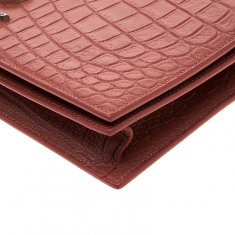 Pre Owned Saint Laurent Red Croc Embossed Leather Monogram Clutch 