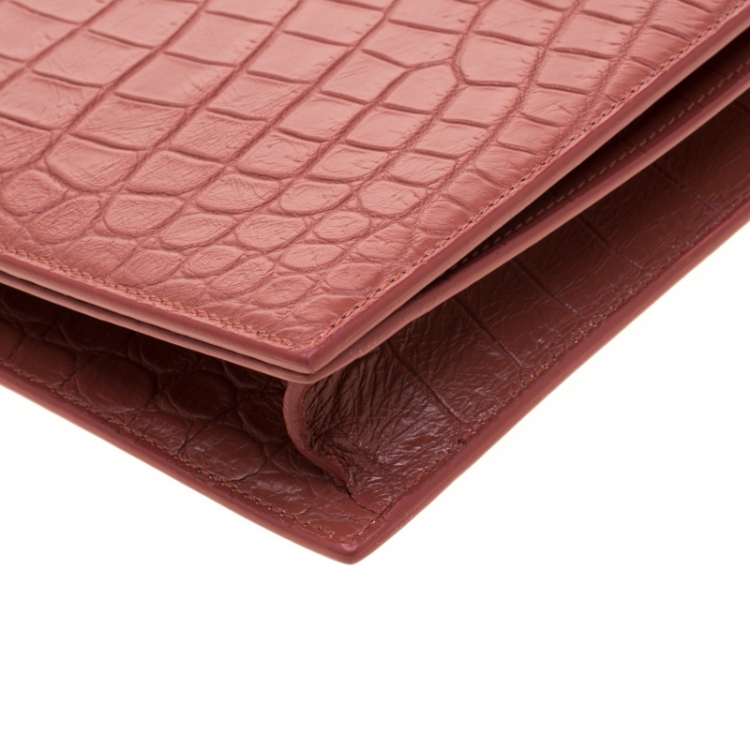 Pre Owned Saint Laurent Red Croc Embossed Leather Monogram Clutch 