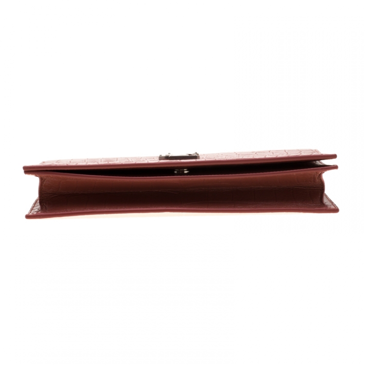 Pre Owned Saint Laurent Red Croc Embossed Leather Monogram Clutch 