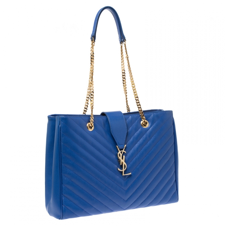 Pre Owned Saint Laurent Electric Blue Matelasse Leather Cassandre Shopper Tote
