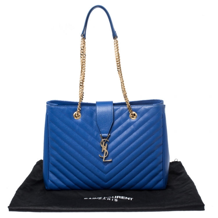 Pre Owned Saint Laurent Electric Blue Matelasse Leather Cassandre Shopper Tote