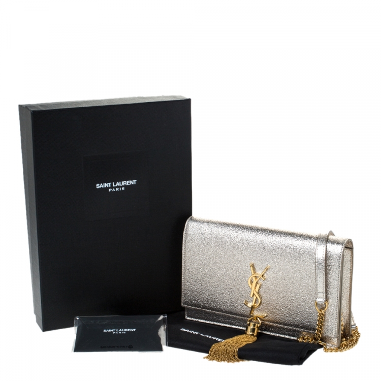 Pre Owned Saint Laurent Gold Crackled Leather Kate Tassel Wallet on Chain 