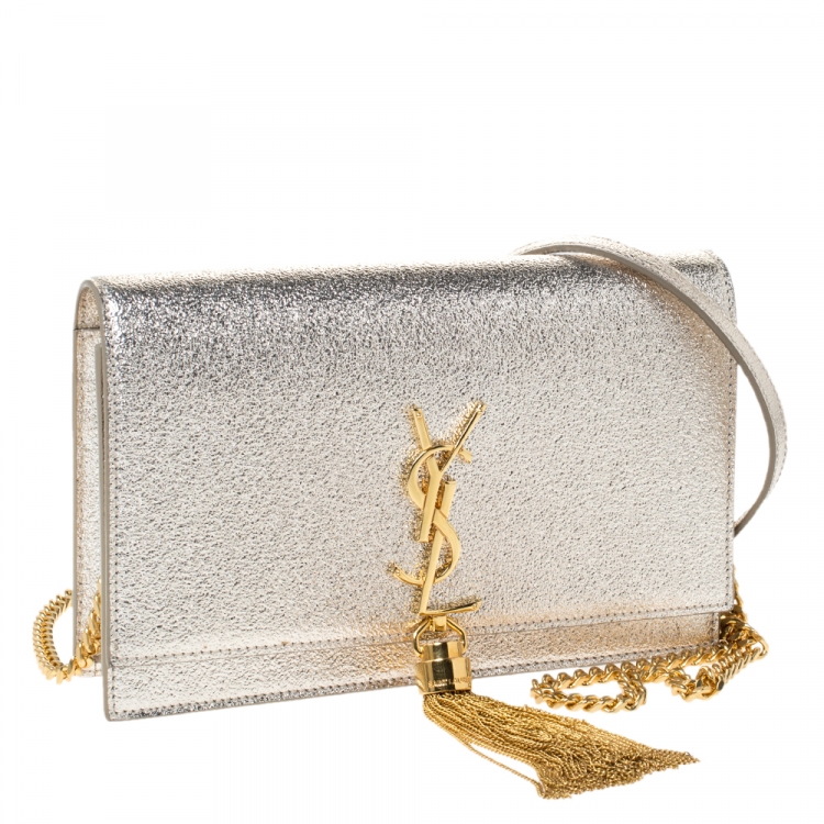Pre Owned Saint Laurent Gold Crackled Leather Kate Tassel Wallet on Chain 