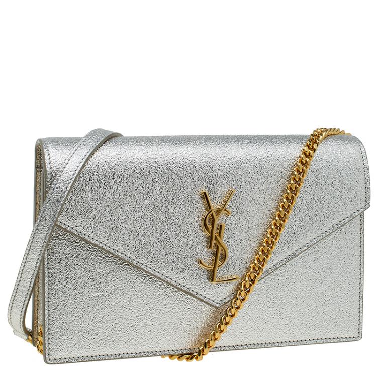 Pre Owned Saint Laurent Paris Silver Textured Leather Envelope Chain Wallet Bag  