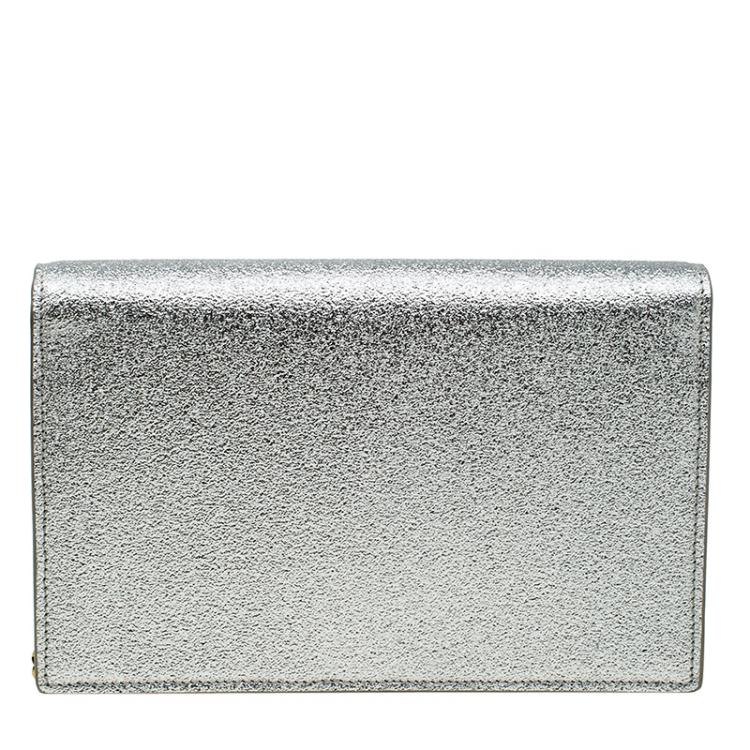 Pre Owned Saint Laurent Paris Silver Textured Leather Envelope Chain Wallet Bag  