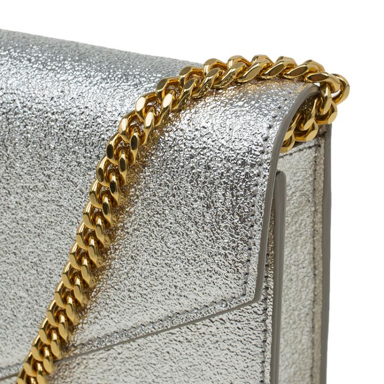 Pre Owned Saint Laurent Paris Silver Textured Leather Envelope Chain Wallet Bag  