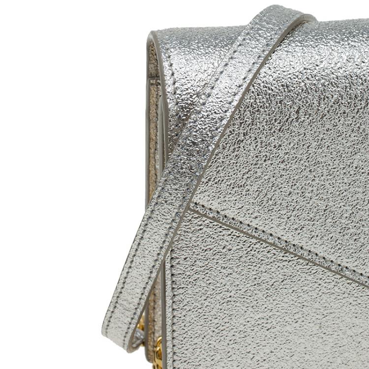 Pre Owned Saint Laurent Paris Silver Textured Leather Envelope Chain Wallet Bag  