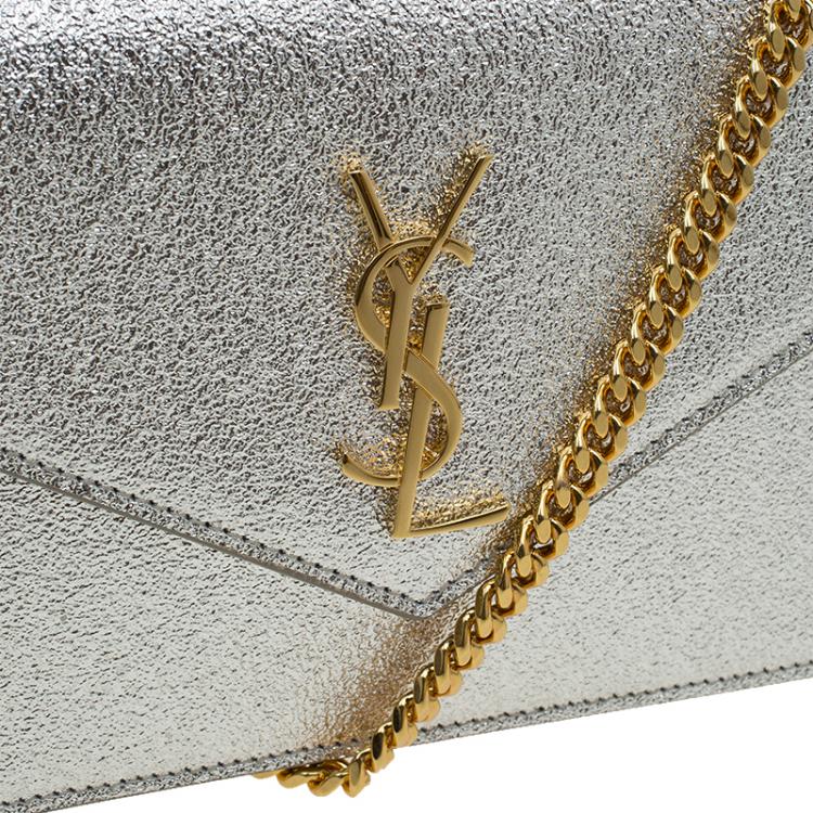 Pre Owned Saint Laurent Paris Silver Textured Leather Envelope Chain Wallet Bag  
