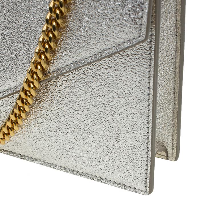 Pre Owned Saint Laurent Paris Silver Textured Leather Envelope Chain Wallet Bag  