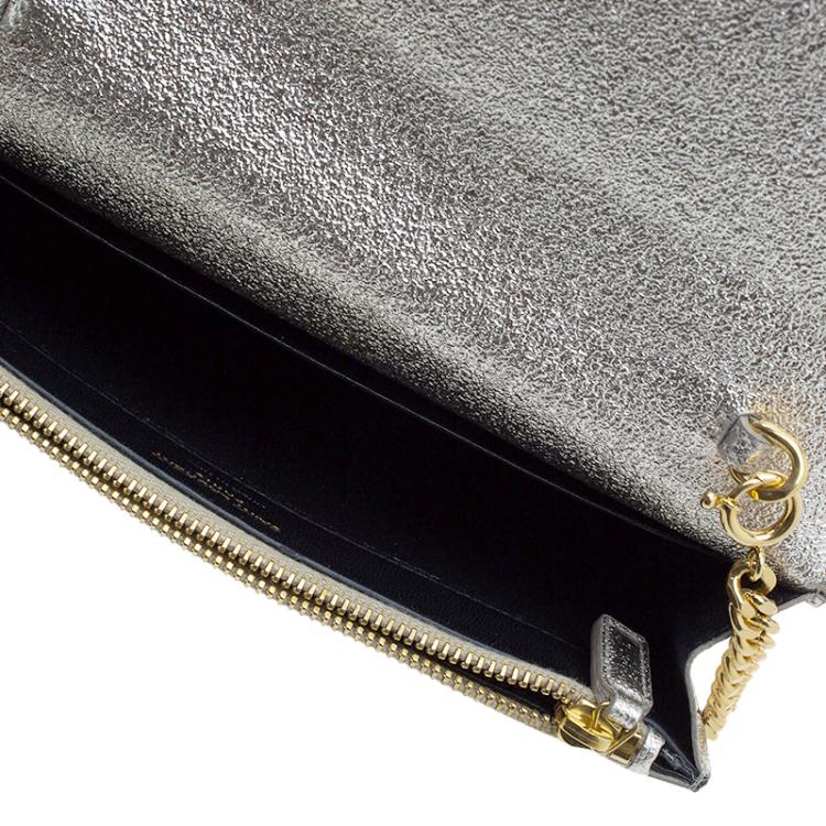 Pre Owned Saint Laurent Paris Silver Textured Leather Envelope Chain Wallet Bag  