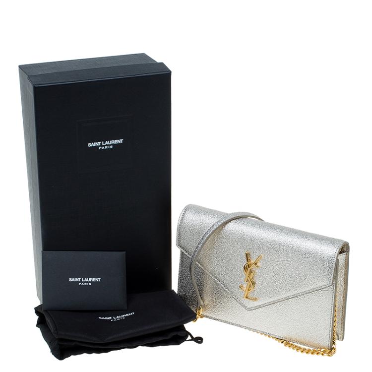 Pre Owned Saint Laurent Paris Silver Textured Leather Envelope Chain Wallet Bag  