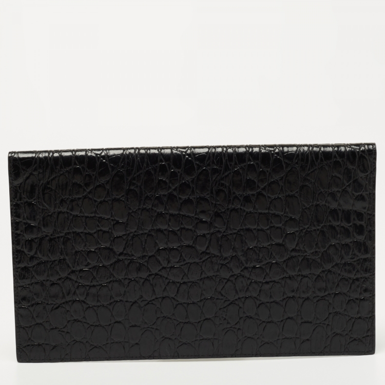 Pre Owned Saint Laurent Black Croc Embossed Leather Uptown Clutch
