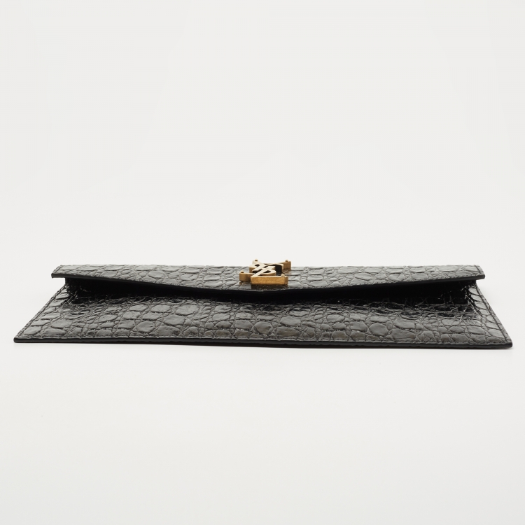 Pre Owned Saint Laurent Black Croc Embossed Leather Uptown Clutch