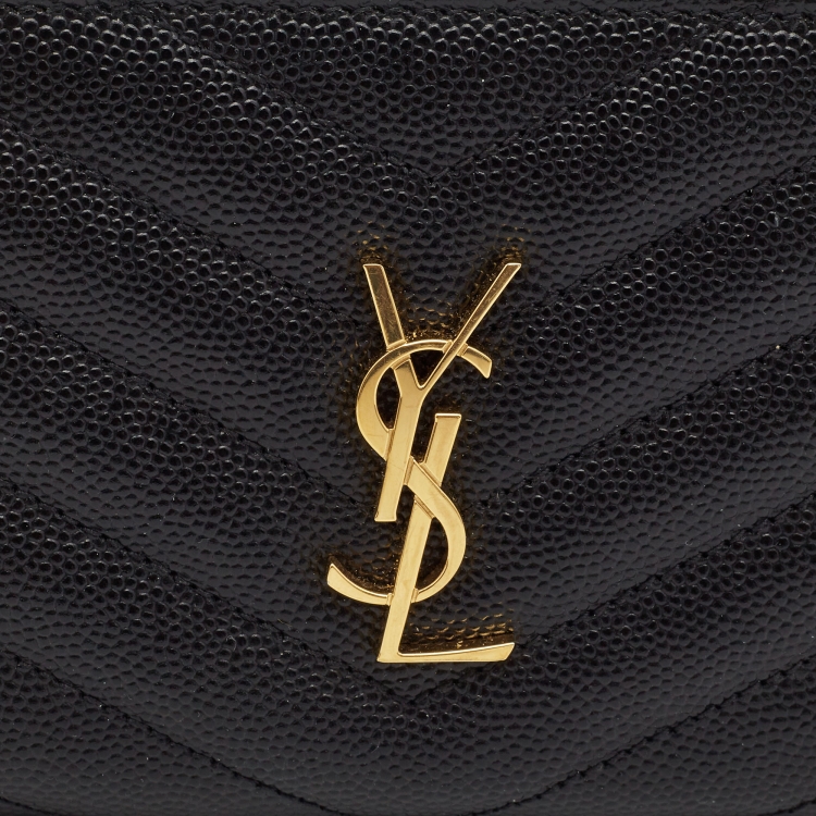 Pre Owned Saint Laurent Black Matelassé Leather Cassandre Zip Compact Wallet