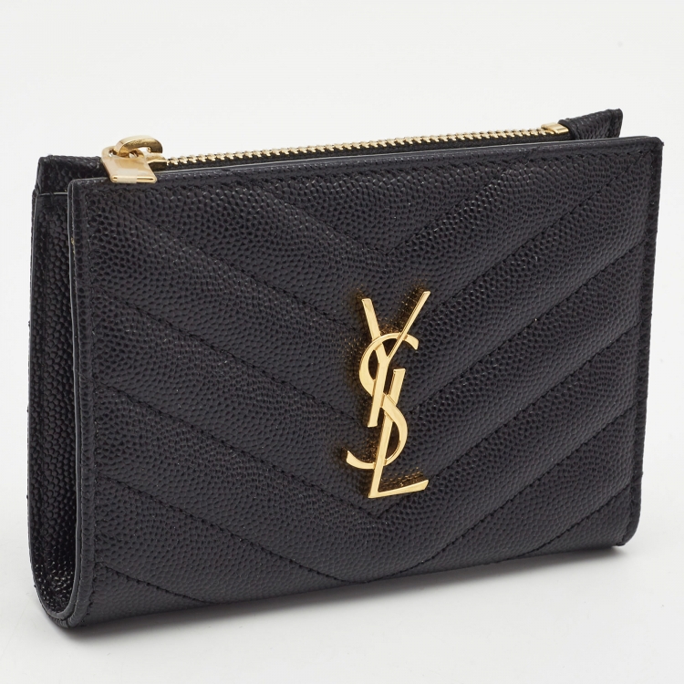 Pre Owned Saint Laurent Black Matelassé Leather Cassandre Zip Compact Wallet