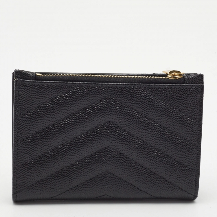 Pre Owned Saint Laurent Black Matelassé Leather Cassandre Zip Compact Wallet