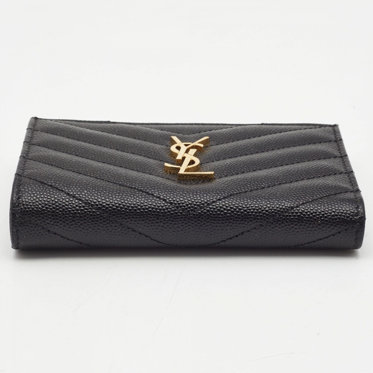 Pre Owned Saint Laurent Black Matelassé Leather Cassandre Zip Compact Wallet